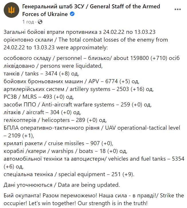 Сводка от Генштаба ВСУ на утро 13 марта - сколько военных потеряла Россия в войне