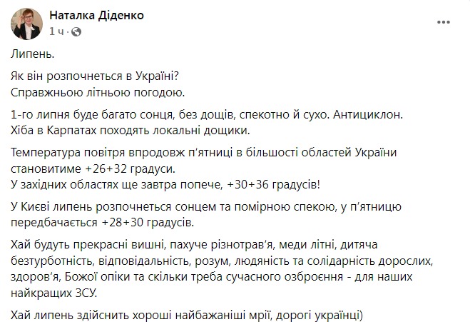 Скриншот из Фейсбука Натальи Диденко