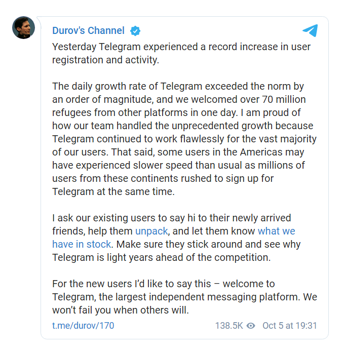 Скриншот из Телеграм Durov's Channel