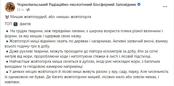 Скриншот из Фейсбука Чернобыльского заповедника