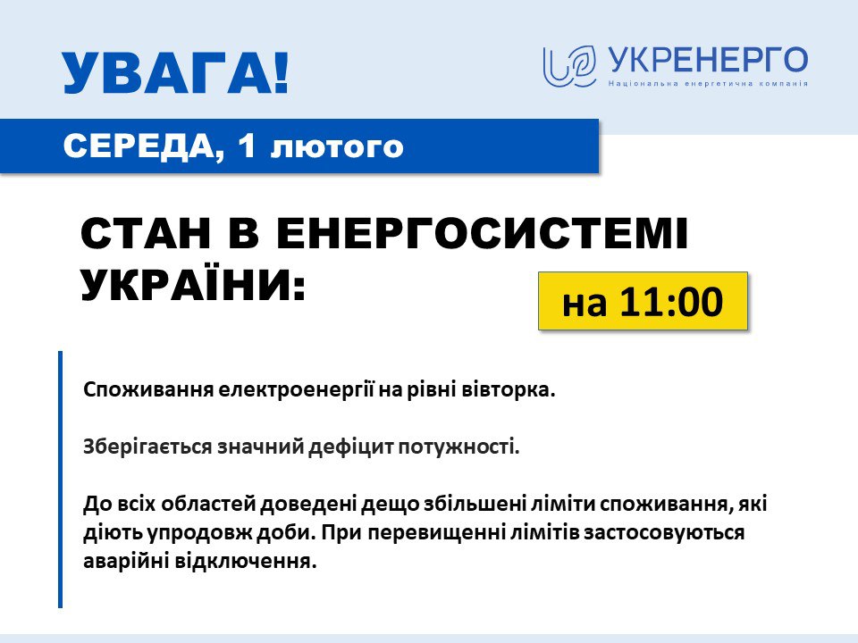 Укренерго розповіла про ситуацію зі світлом 1 лютого
