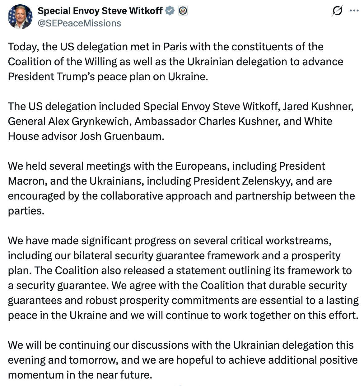 Повна заява Віткоффа за підсумками переговорів з коаліцією охочих у Парижі щодо гарантій безпеки України