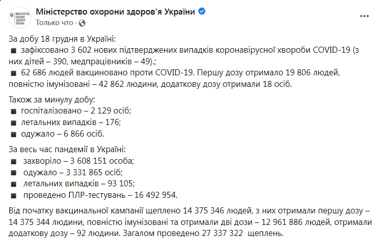 Коронавирус в Украине. Скриншот: facebook.com/moz.ukr