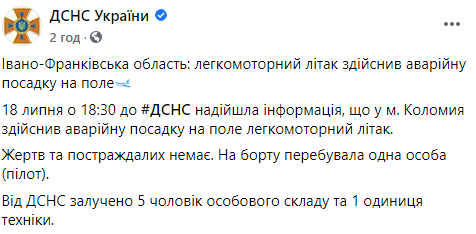 В Ивано-Франковской области самолет совершил аварийную посадку в поле. Скриншот: ГСЧС в Фейсбук