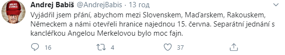 Чехия откроет границы с 15 июня. Скриншот: Андрей Бабиш в Twitter