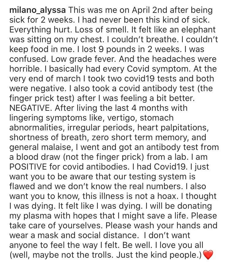 "Я не могла дышать". Актриса Алисса Милано рассказала о заражении Covid-19. Скриншот: Instagram/ milano_alyssa