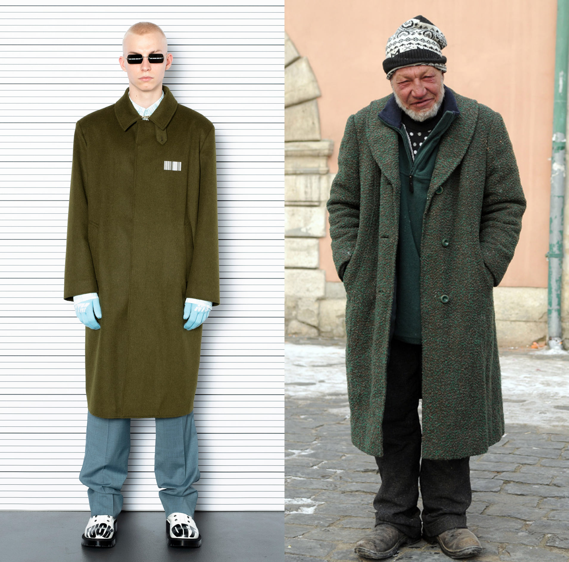 Фотограф обратил внимание на схожесть одежды бомжа и лукбука модного бренда. Скриншот из facebook.com/SlaviksFashion