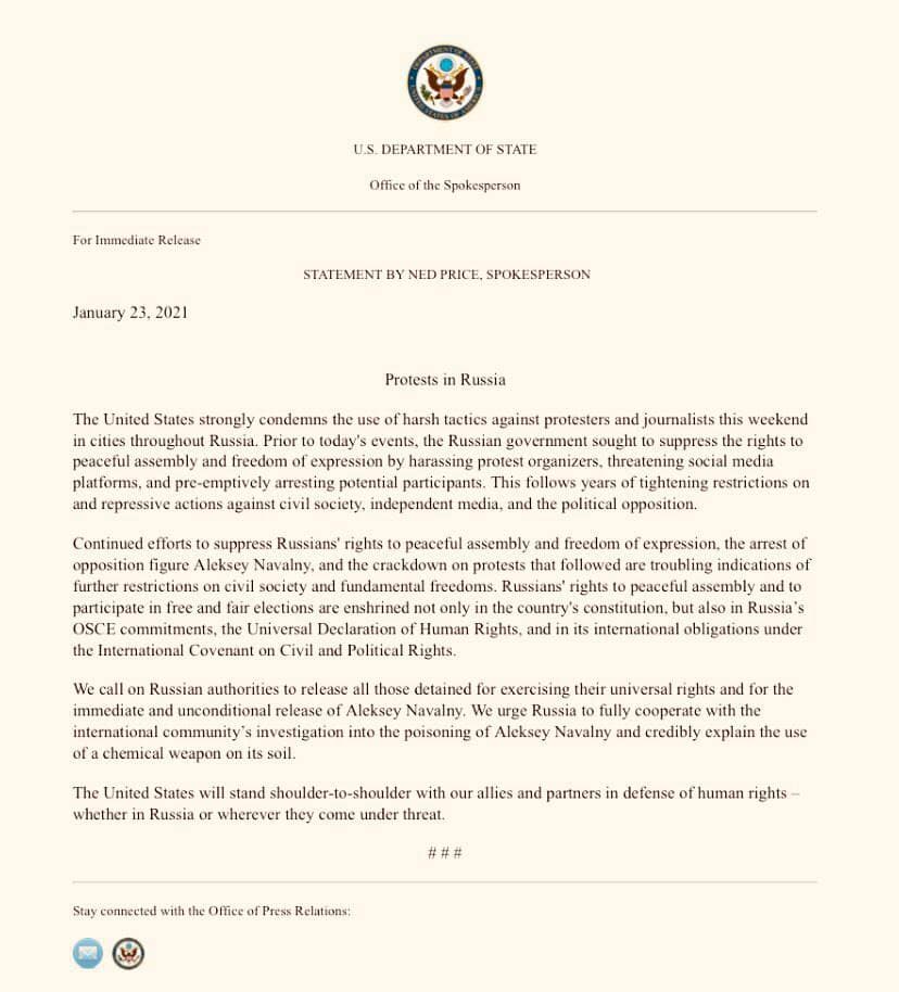 Комментарий госсударственного департамента США по поводу ситуации с навальным в России