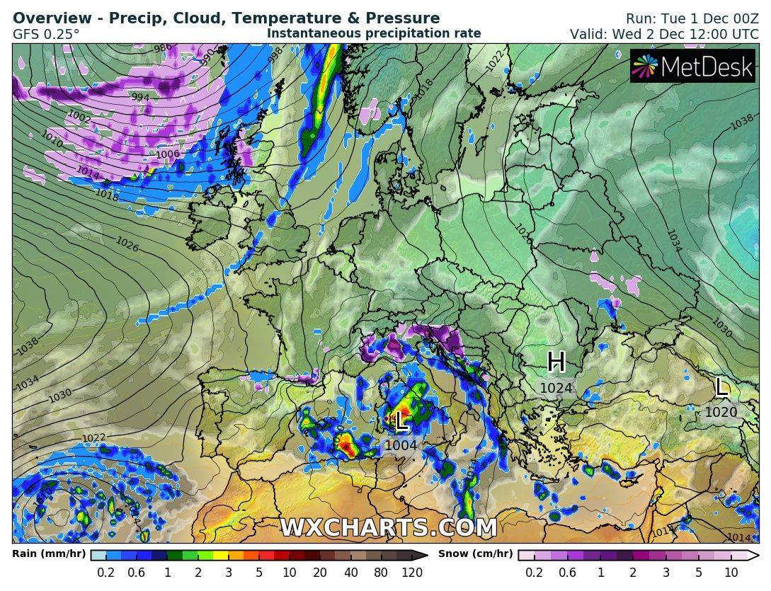 Карта прогноза погоды на среду, 2 декабря