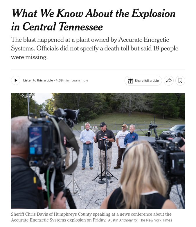 Снимок заголовка на nytimes.com - что известно о взрыве военного завода в США