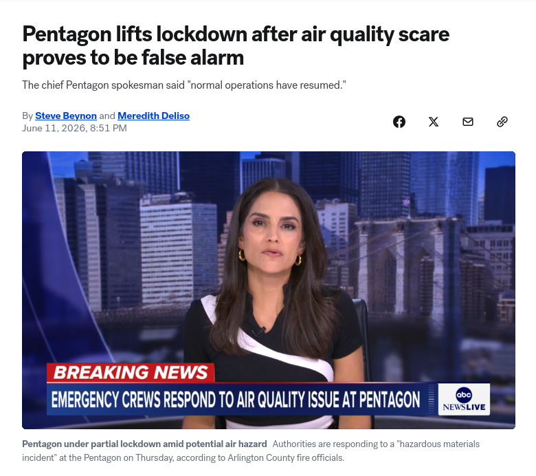 Снимок заголовка на abcnews.go.com &ndash; Пентагон частично эвакуирован после инцидента с опасными веществами