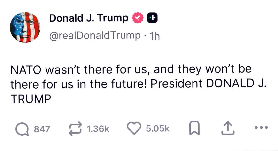 Снимок заголовка на truthsocial.com &ndash; Дональд Трамп обвиняет НАТО в отсутствии помощи