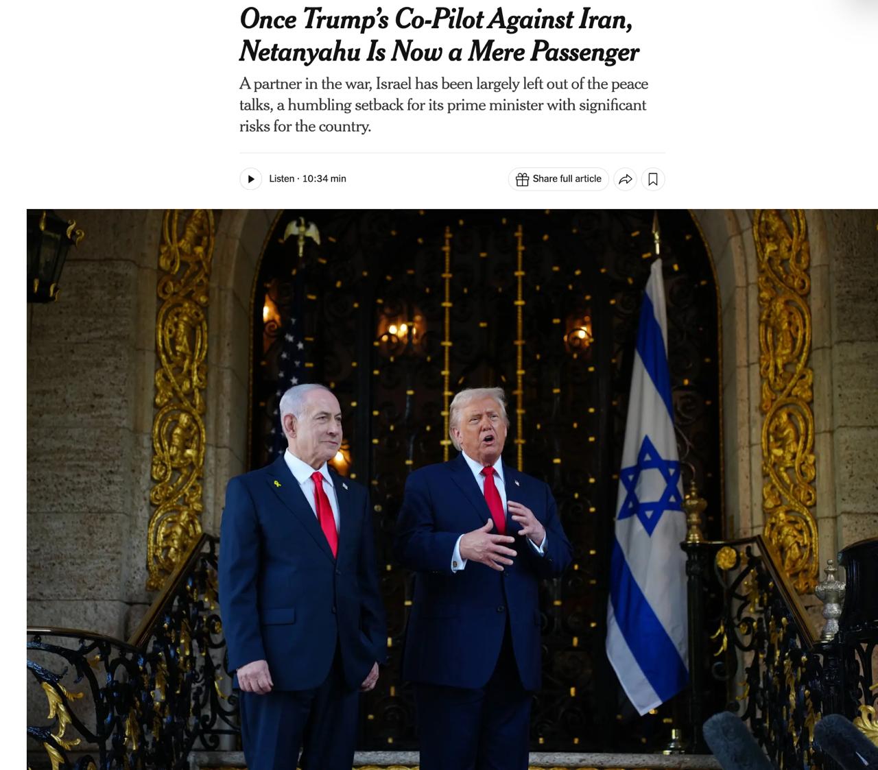 Снимок заголовка на nytimes.com &ndash; Трамп отстранил Израиль от переговоров с Ираном