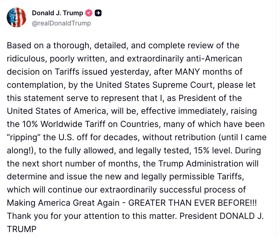 Снимок сообщения на truthsocial.com &ndash; Трамп поднял общий тариф на импорт до 15 процентов
