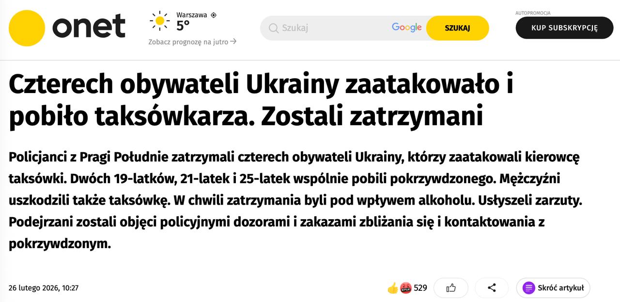 Знімок заголовка на onet.pl – П'яні українці побили водія таксі у Польщі