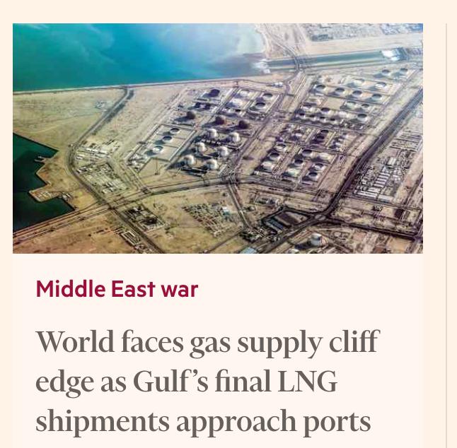 Снимок заголовка на ft.com &ndash; Останавливается экспорт СПГ с Ближенго Востока