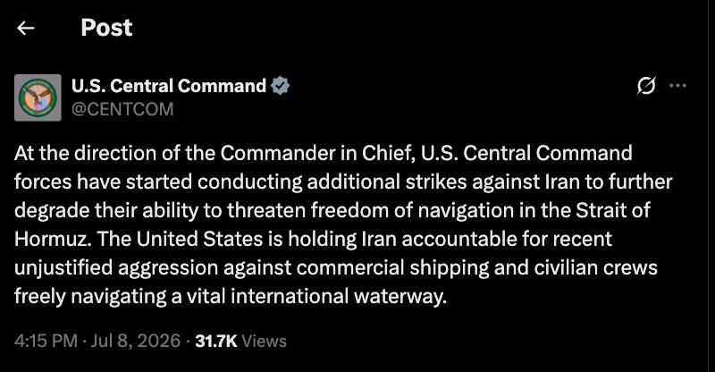 Снимок сообщения в Х &ndash; США подтверждают возобновление ударов по Ирану