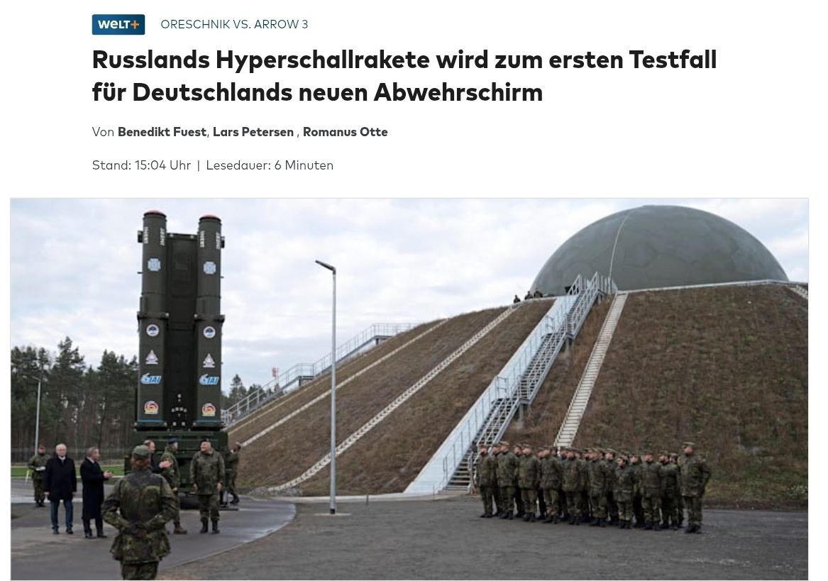 Снимок заголовка на welt.de - Новая ПРО Германии, не готова к перехвату российской ракеты "Орешник"